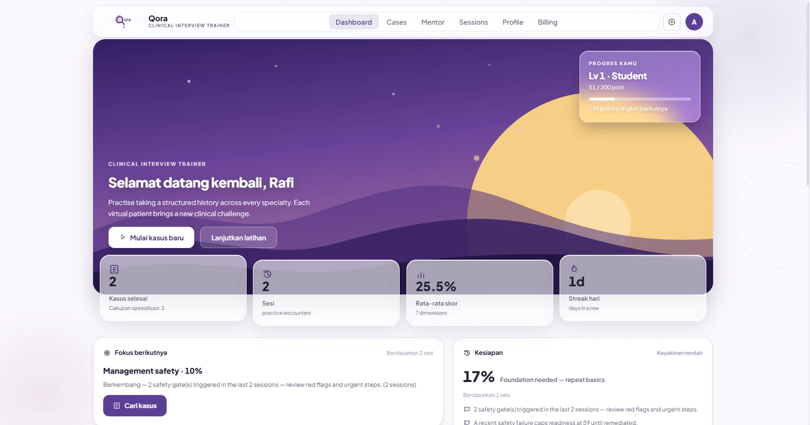 Dashboard Qora: progres, streak, dan fokus latihan berikutnya